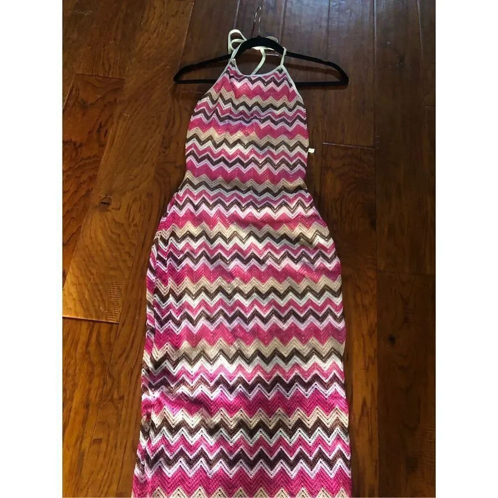 No Comment Pink Chevron Halter Maxi Dress Boho Size M - Picture 5 of 13